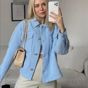 SKY BLUE ZARA JACKET WITH GOLD BUTTONS!! old money quiet luxury tweed vibe